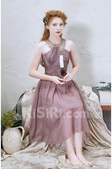 Chiffon Halter Tea-Length Sleeveless A-line Dress with Beads