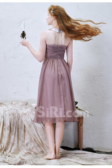 Chiffon Halter Tea-Length Sleeveless A-line Dress with Beads