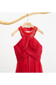 Chiffon Halter Tea-Length Sleeveless A-line Dress with Beads