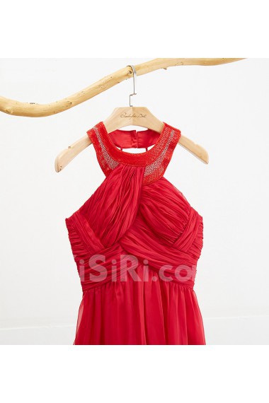 Chiffon Halter Tea-Length Sleeveless A-line Dress with Beads