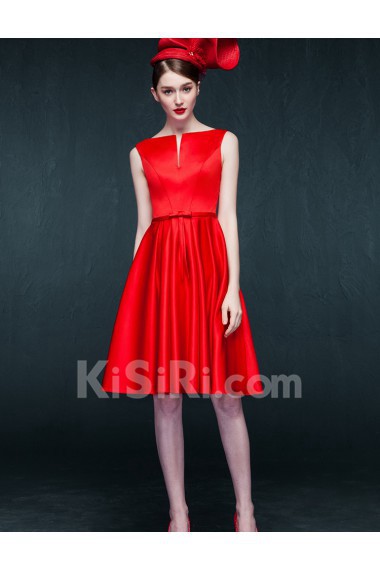 Satin V-neck Knee-Length Sleeveless A-line Dress with Bow