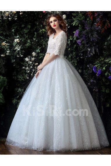 Organza, Lace V-neck Floor Length Half Sleeve Ball Gown Dress with Rhinestone