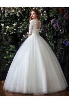 Organza, Lace V-neck Floor Length Half Sleeve Ball Gown Dress with Rhinestone