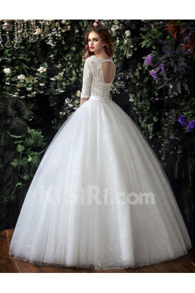 Organza, Lace V-neck Floor Length Half Sleeve Ball Gown Dress with Rhinestone