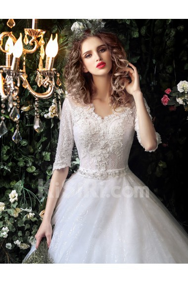 Organza, Lace V-neck Floor Length Half Sleeve Ball Gown Dress with Rhinestone