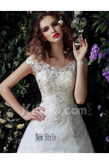 Tulle, Lace V-neck Floor Length Cap Sleeve Ball Gown Dress with Sequins, Rhinestone