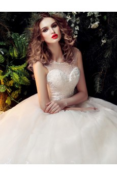 Tulle, Lace Scoop Floor Length Sleeveless Ball Gown Dress with Beads