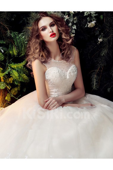 Tulle, Lace Scoop Floor Length Sleeveless Ball Gown Dress with Beads
