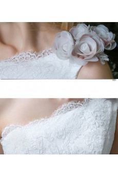 Tulle, Lace, Satin One-shoulder Floor Length Sleeveless Ball Gown Dress with Handmade Flowers