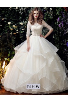 Organza, Lace Scoop Floor Length Half Sleeve Ball Gown Dress with Bead, Rhinestone