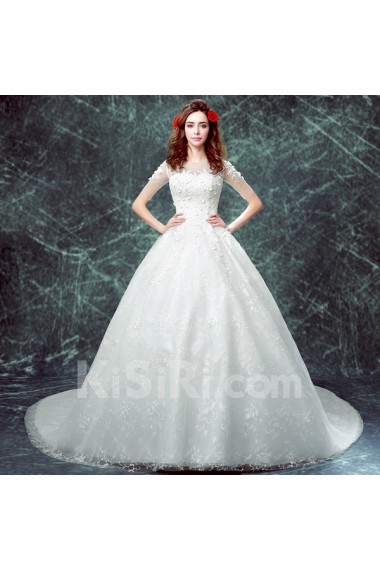 Organza, Lace Jewel Chapel Train Short Sleeve Ball Gown Dress with Embroidered