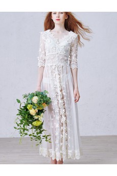 Lace V-neck Ankle-Length Half Sleeve A-line Dress with Handmade Flowers