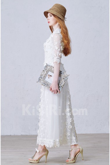 Lace V-neck Ankle-Length Half Sleeve A-line Dress with Handmade Flowers