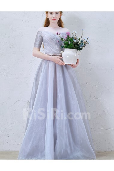 Tulle Jewel Floor Length Short Sleeve A-line Dress with Bow