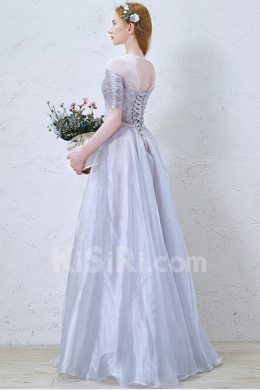 Tulle Jewel Floor Length Short Sleeve A-line Dress with Bow