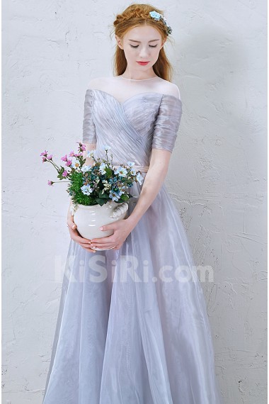 Tulle Jewel Floor Length Short Sleeve A-line Dress with Bow