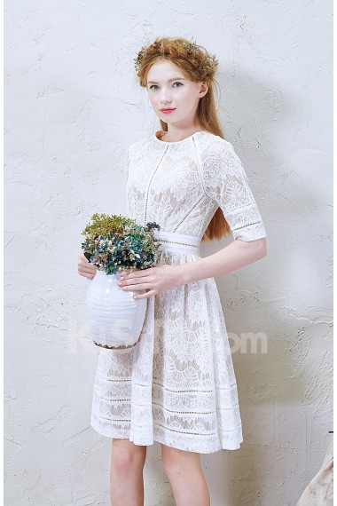 Lace Jewel Mini/Short Short Sleeve A-line Dress with Sash