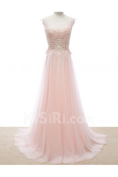 Tulle Scoop Floor Length Sleeveless A-line Dress with Beads