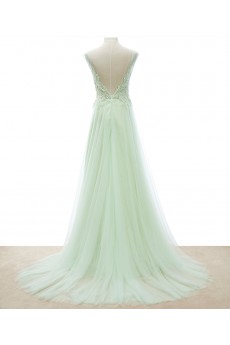 Tulle Scoop Floor Length Sleeveless A-line Dress with Beads