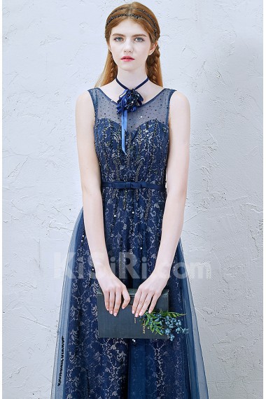Lace, Tulle Scoop Sweep Train Sleeveless Sheath Dress with Bow, Beads