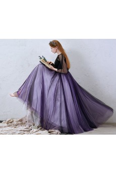 Tulle Bateau Floor Length Half Sleeve A-line Dress