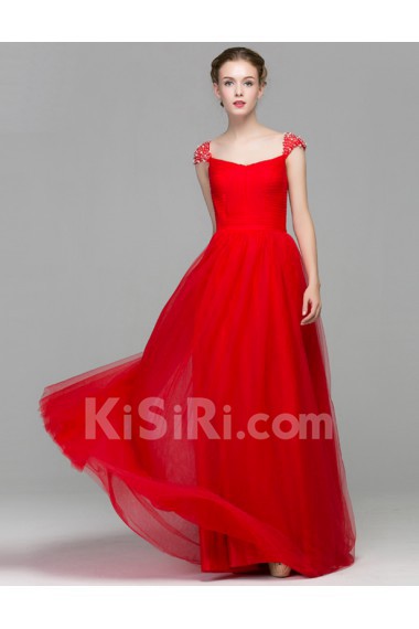 Satin Square Floor Length Cap Sleeve A-line Dress with Beads