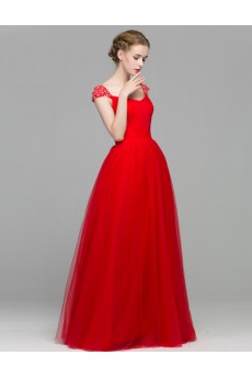 Satin Square Floor Length Cap Sleeve A-line Dress with Beads