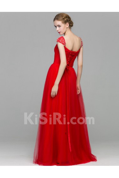 Satin Square Floor Length Cap Sleeve A-line Dress with Beads