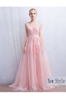 Tulle, Lace V-neck Floor Length Sleeveless A-line Dress with Beads