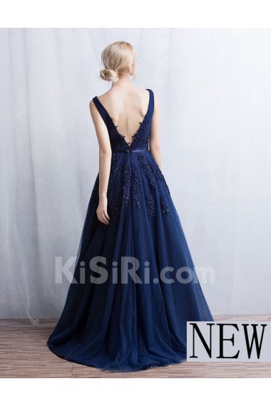 Tulle, Lace V-neck Floor Length Sleeveless A-line Dress with Beads