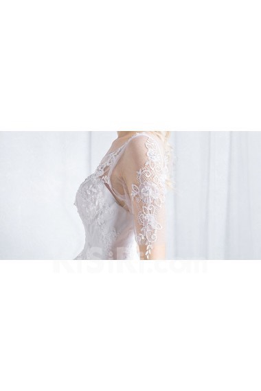 Tulle, Lace Scoop Floor Length Short Sleeve Ball Gown Dress with Beads
