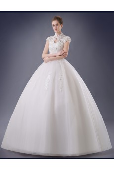 Organza, Lace High Collar Floor Length Cap Sleeve Ball Gown Dress with Rhinestone