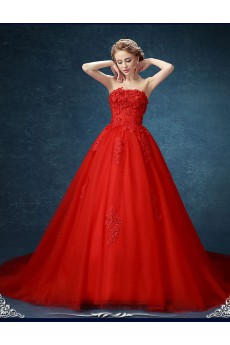 Chiffon, Tulle, Lace Strapless Sweep Train Sleeveless A-line Dress with Applique