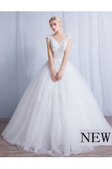 Tulle, Lace V-neck Floor Length Cap Sleeve Ball Gown Dress with Flowers