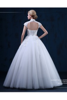 Tulle, Lace High Collar Floor Length Cap Sleeve Ball Gown Dress with Bow, Sequins