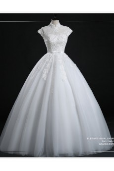 Tulle, Lace High Collar Floor Length Cap Sleeve Ball Gown Dress with Bow, Sequins