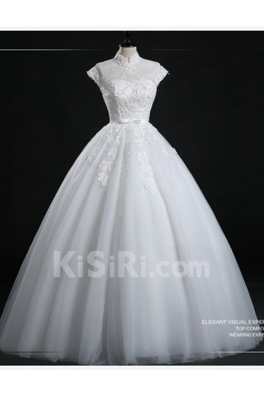 Tulle, Lace High Collar Floor Length Cap Sleeve Ball Gown Dress with Bow, Sequins
