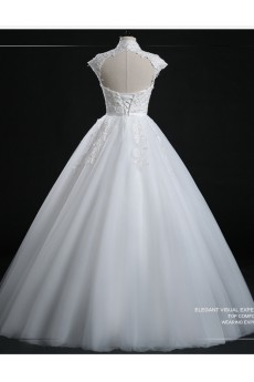 Tulle, Lace High Collar Floor Length Cap Sleeve Ball Gown Dress with Bow, Sequins