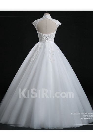 Tulle, Lace High Collar Floor Length Cap Sleeve Ball Gown Dress with Bow, Sequins