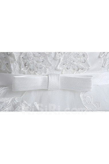 Tulle, Lace High Collar Floor Length Cap Sleeve Ball Gown Dress with Bow, Sequins