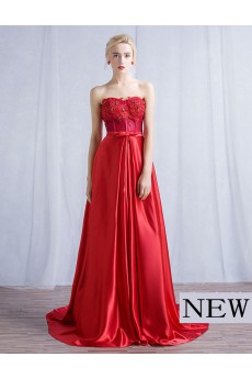 Satin, Lace Sweetheart Sweep Train Sleeveless A-line Dress with Bow, Rhinestone