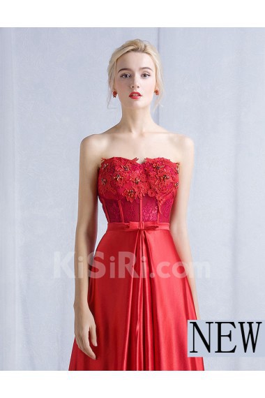 Satin, Lace Sweetheart Sweep Train Sleeveless A-line Dress with Bow, Rhinestone