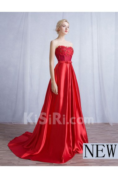 Satin, Lace Sweetheart Sweep Train Sleeveless A-line Dress with Bow, Rhinestone