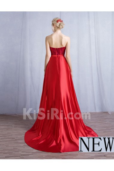 Satin, Lace Sweetheart Sweep Train Sleeveless A-line Dress with Bow, Rhinestone