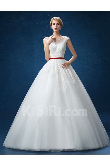 Organza Jewel Floor Length Cap Sleeve Ball Gown Dress with Lace