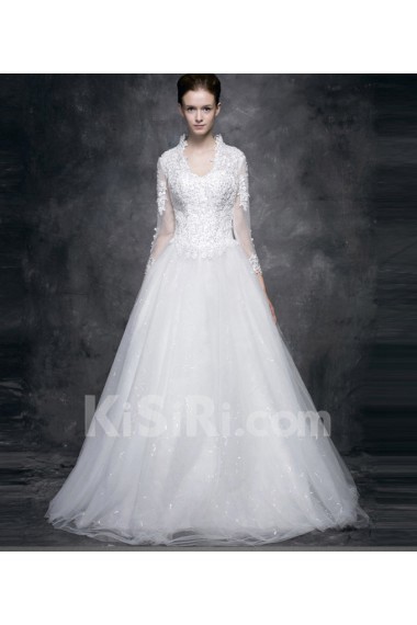 Lace, Satin V-neck Floor Length Long Sleeve Ball Gown Dress with Sequins
