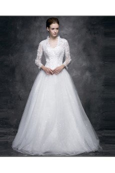Lace, Satin V-neck Floor Length Long Sleeve Ball Gown Dress with Sequins
