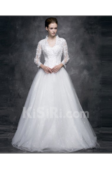 Lace, Satin V-neck Floor Length Long Sleeve Ball Gown Dress with Sequins