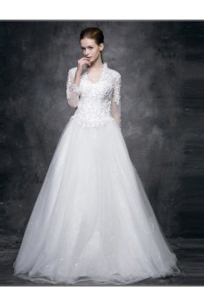 Lace, Satin V-neck Floor Length Long Sleeve Ball Gown Dress with Sequins