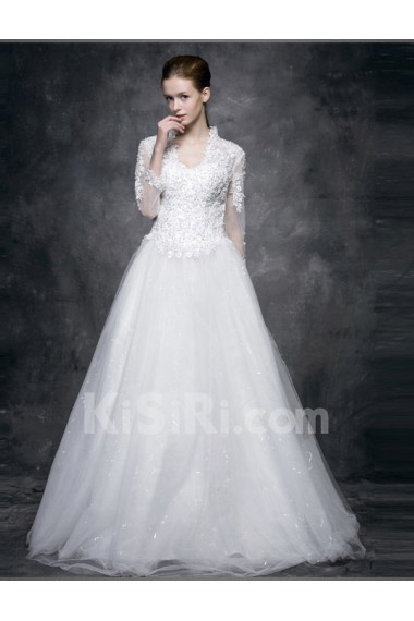 Lace, Satin V-neck Floor Length Long Sleeve Ball Gown Dress with Sequins